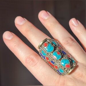 Boho Turquoise Coral Inlay Shield Ring - Tibetan Style Statement Ring